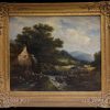 1838 British River Landscape Watermill Bridge Figures Large Gilt Frame Painting