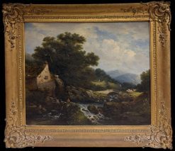 1838 British River Landscape Watermill Bridge Figures Large Gilt Frame Painting