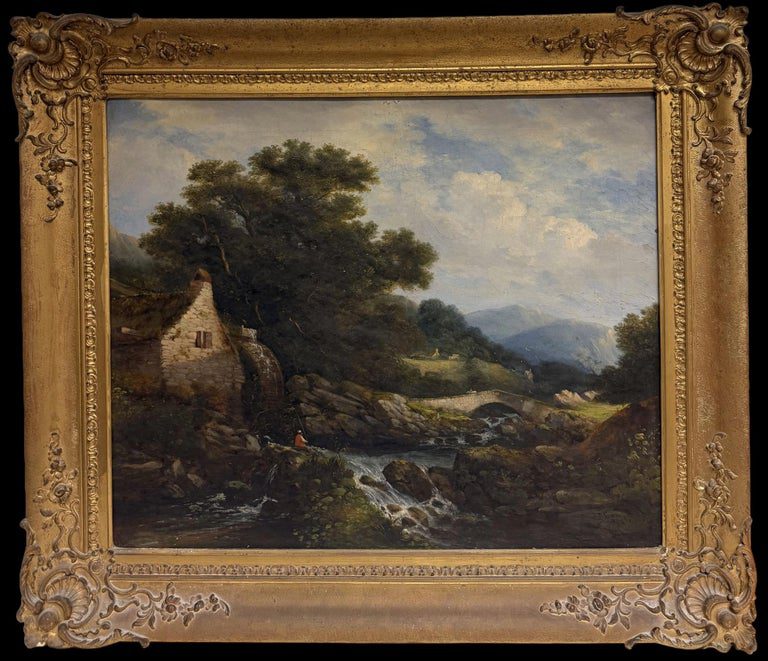 1838 British River Landscape Watermill Bridge Figures Large Gilt Frame Painting