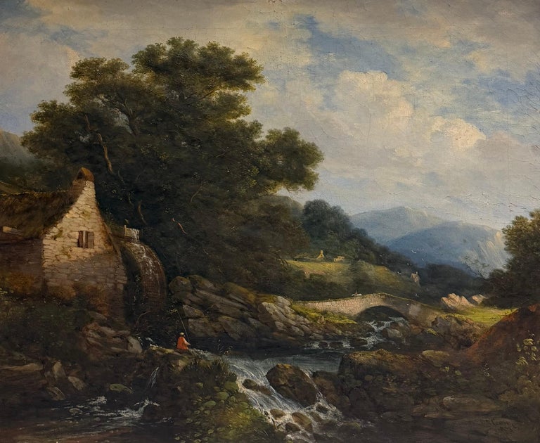 1838 British River Landscape Watermill Bridge Figures Large Gilt Frame Painting - Image 2