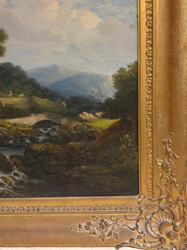 1838 British River Landscape Watermill Bridge Figures Large Gilt Frame Painting - Image 3