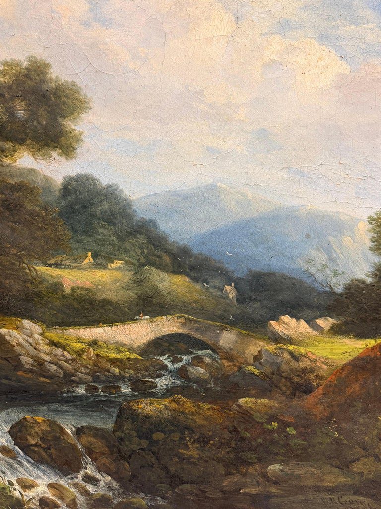1838 British River Landscape Watermill Bridge Figures Large Gilt Frame Painting - Image 4