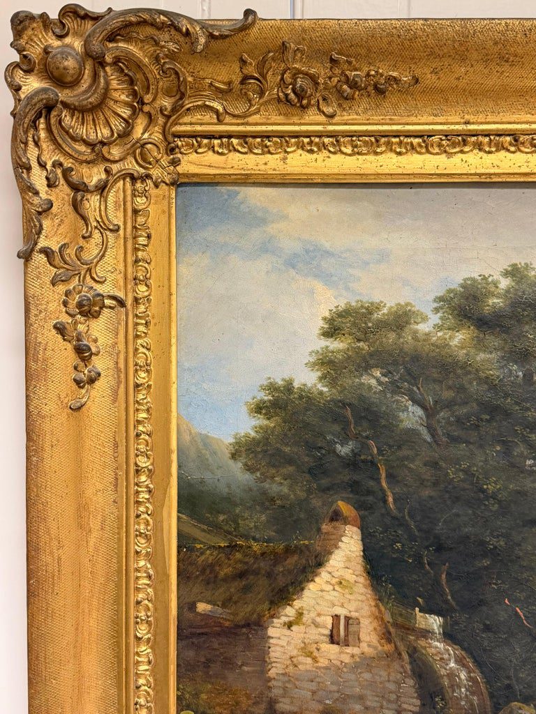 1838 British River Landscape Watermill Bridge Figures Large Gilt Frame Painting - Image 6