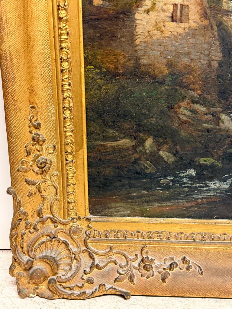 1838 British River Landscape Watermill Bridge Figures Large Gilt Frame Painting - Image 7