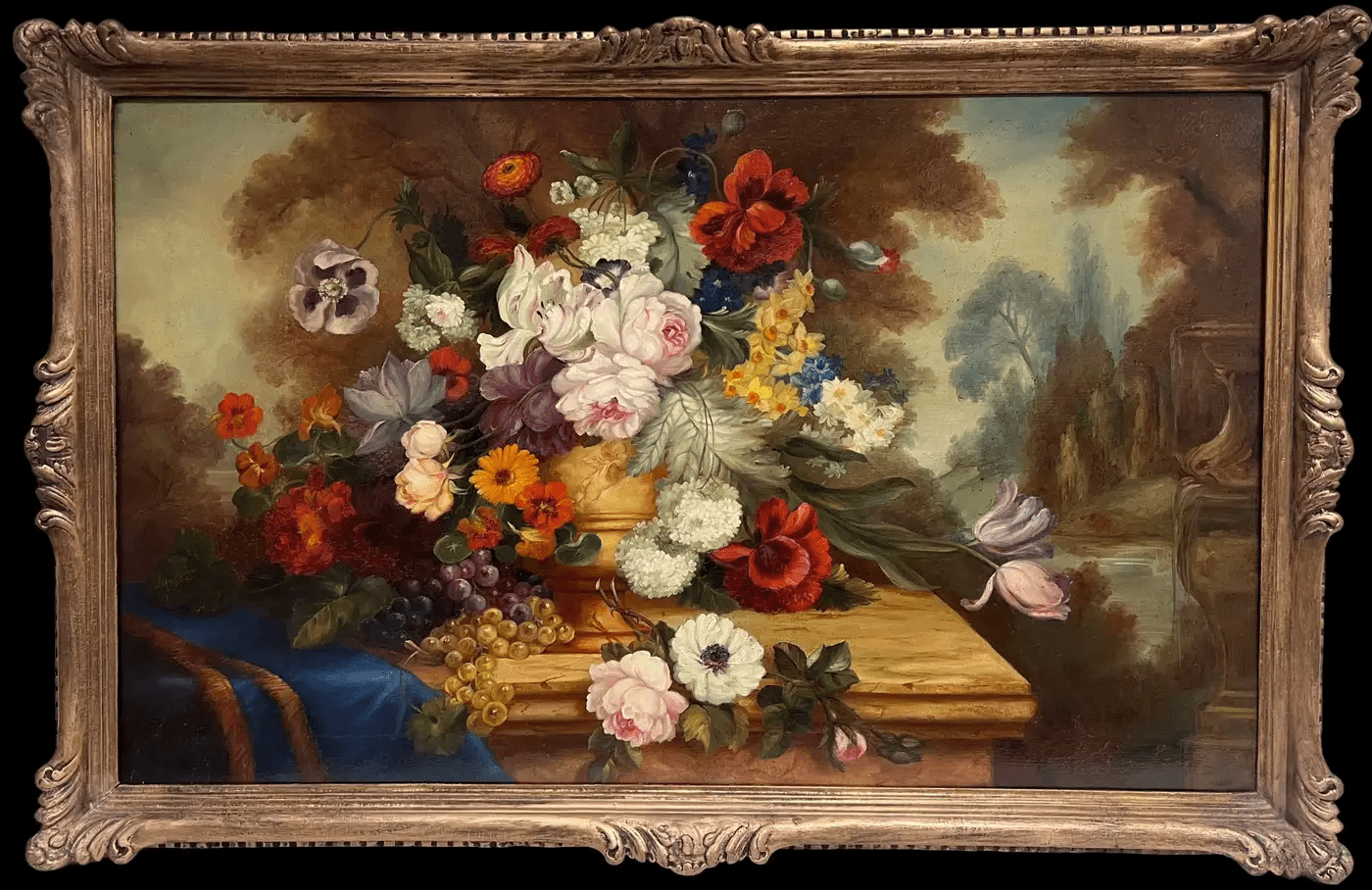 Huge Antique Classical French Still Life Floral Display Oil Painting Framed