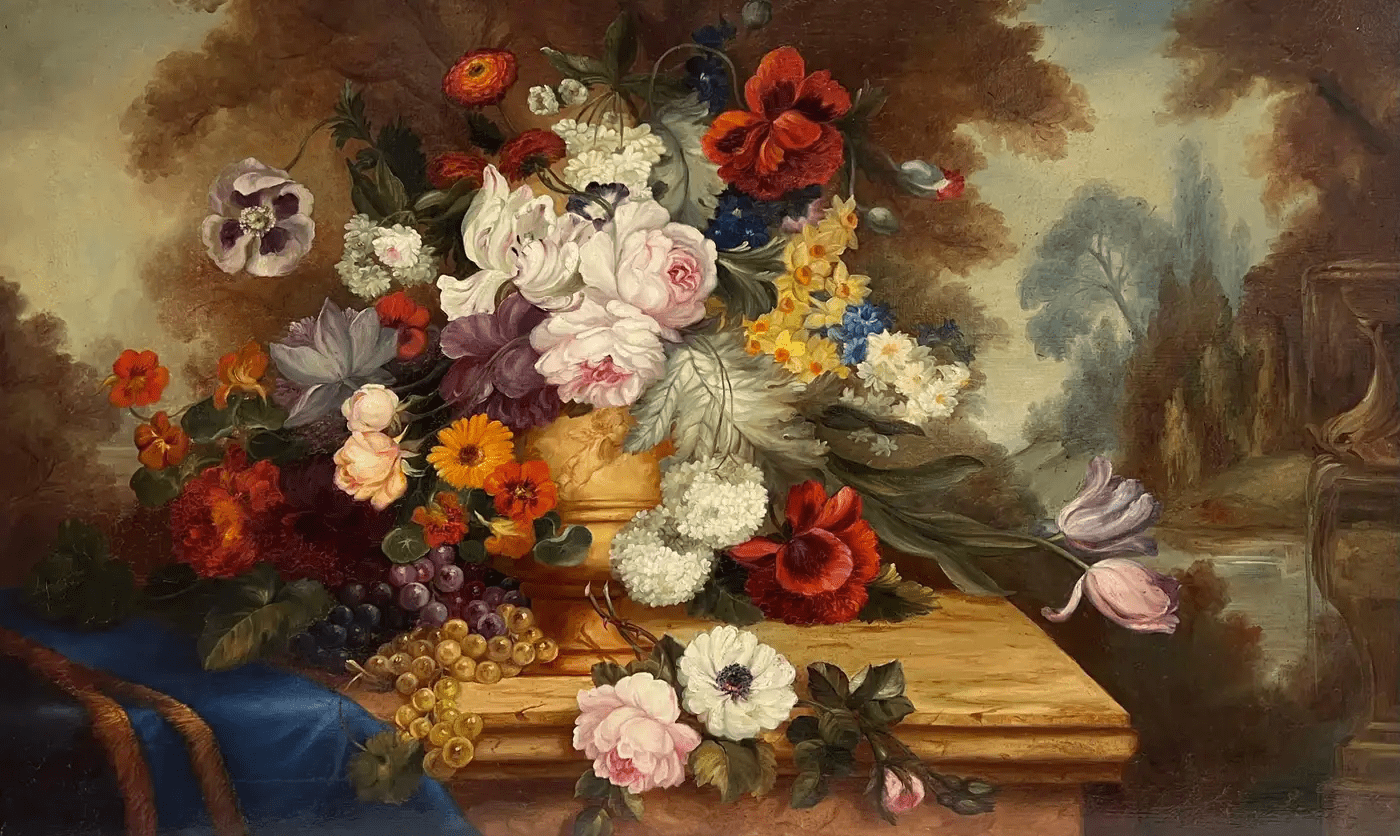 Huge Antique Classical French Still Life Floral Display Oil Painting Framed - Image 3