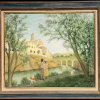 Figures and Spaniel Walking Along The Promenade Signed Oil Painting