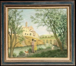 Figures and Spaniel Walking Along The Promenade Signed Oil Painting
