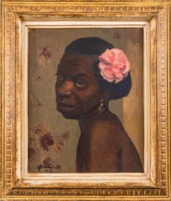 Fine 1920's Oil Portrait of Nude Woman with Pink Flower in Hair Original Frame