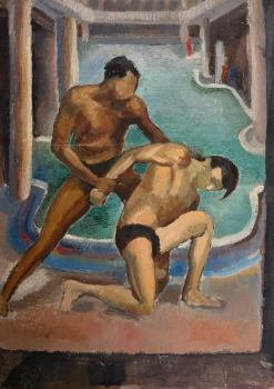 Wrestlers by the Swimming Pool French Modernist Figurative Oil