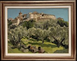 20th Century French Village Provence Hill Top Town with Olive Trees Oil Painting