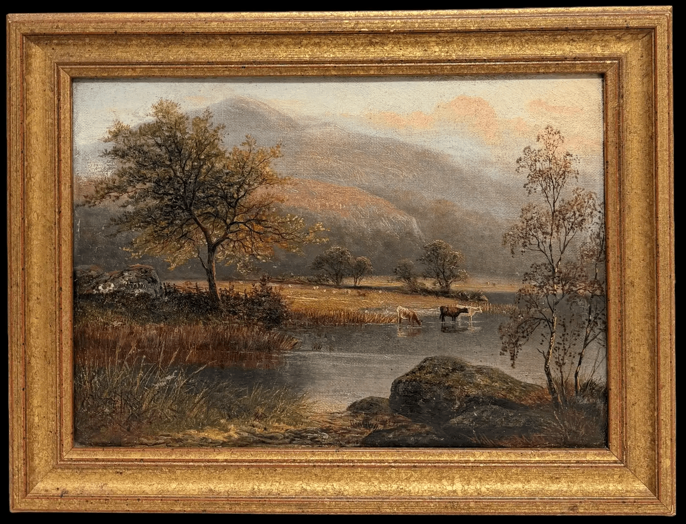 Cattle Watering in Highland Autumn Landscape Antique Victorian British Oil