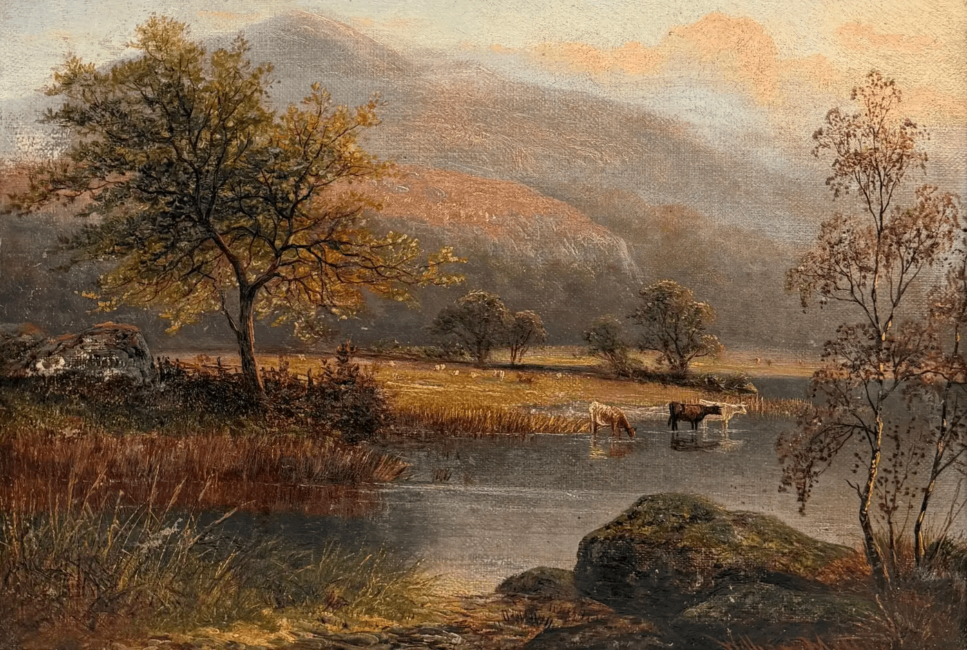 Cattle Watering in Highland Autumn Landscape Antique Victorian British Oil - Image 2