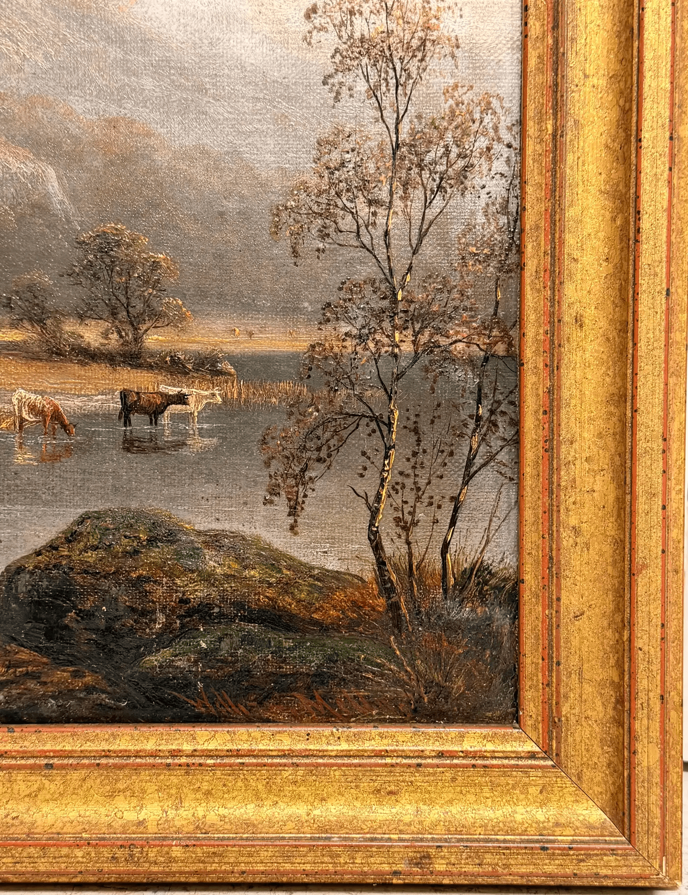 Cattle Watering in Highland Autumn Landscape Antique Victorian British Oil - Image 3