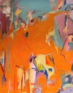 Large French Abstract Expressionist Oil Painting Bright Orange and Pastel Colour