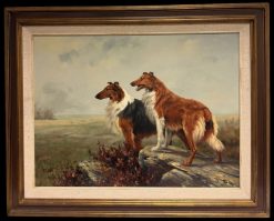 Two Collie Dogs Standing Rocky Outcrop Open Landscape Antique English Painting