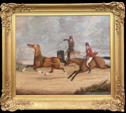 Fine 19th Century English Sporting Painting Horse Race and Competitive Driver