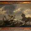 Large 17th Century Dutch Old Master Panel Shipping on Stormy Seas Rocky Coast