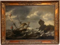 Large 17th Century Dutch Old Master Panel Shipping on Stormy Seas Rocky Coast