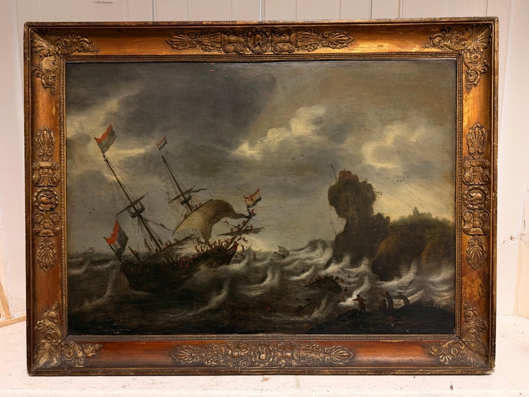 Large 17th Century Dutch Old Master Panel Shipping on Stormy Seas Rocky Coast - Image 2