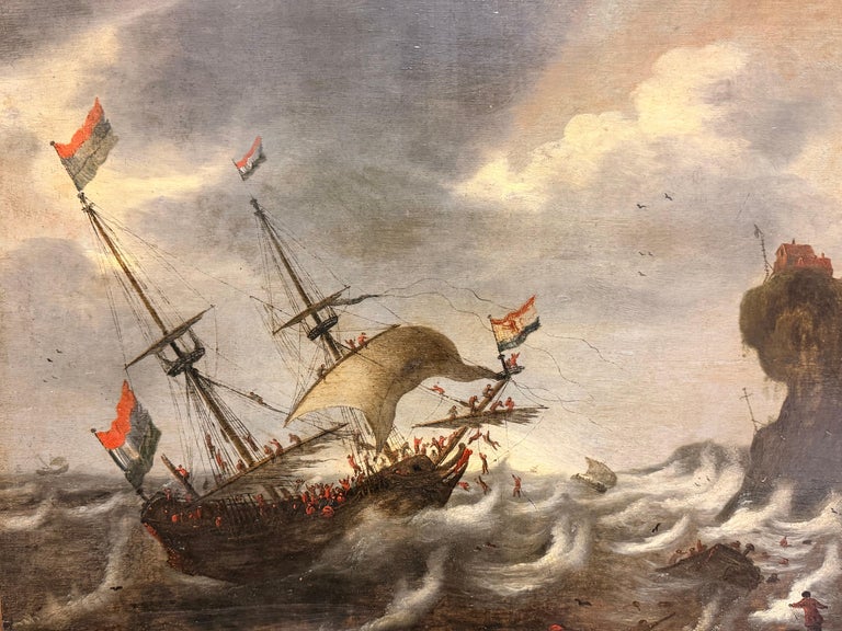 Large 17th Century Dutch Old Master Panel Shipping on Stormy Seas Rocky Coast - Image 4