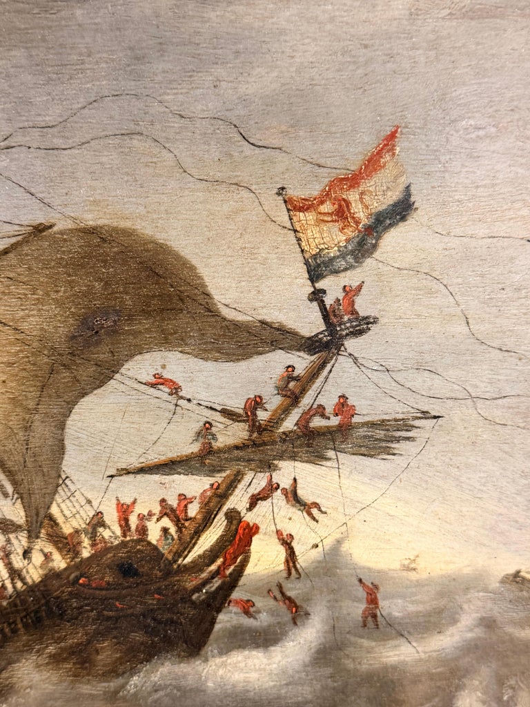 Large 17th Century Dutch Old Master Panel Shipping on Stormy Seas Rocky Coast - Image 7