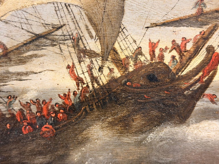 Large 17th Century Dutch Old Master Panel Shipping on Stormy Seas Rocky Coast - Image 8