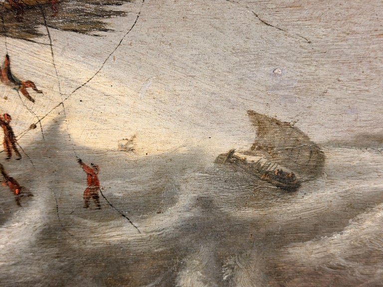 Large 17th Century Dutch Old Master Panel Shipping on Stormy Seas Rocky Coast - Image 9