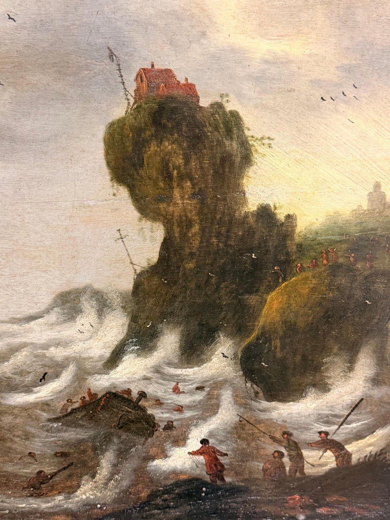 Large 17th Century Dutch Old Master Panel Shipping on Stormy Seas Rocky Coast - Image 11