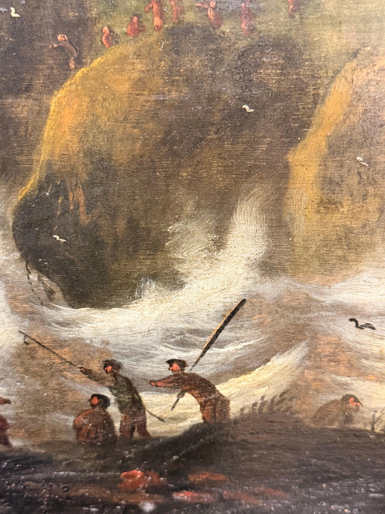 Large 17th Century Dutch Old Master Panel Shipping on Stormy Seas Rocky Coast - Image 12