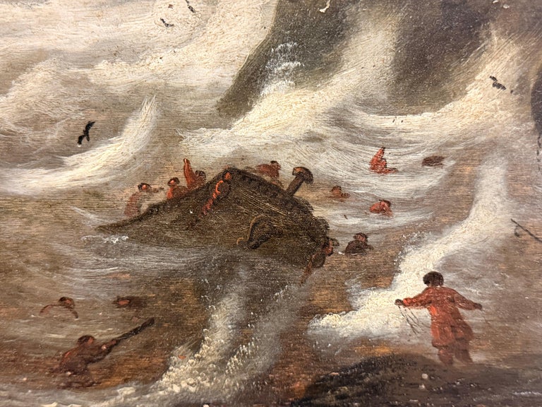 Large 17th Century Dutch Old Master Panel Shipping on Stormy Seas Rocky Coast - Image 15