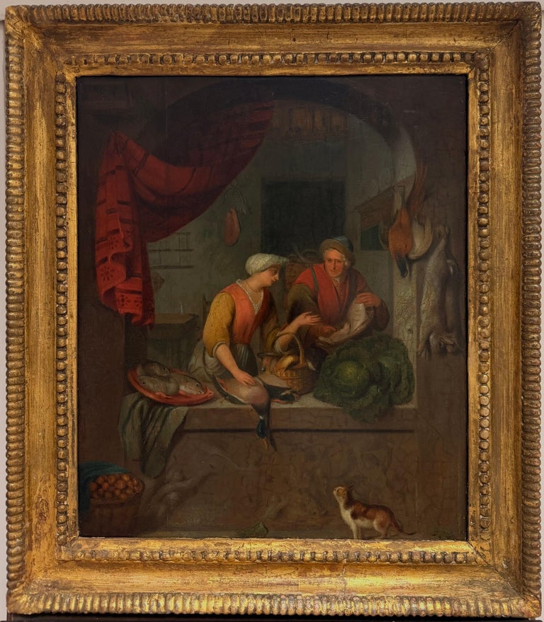 Fine 1700's Dutch Old Master Oil on Panel Painting Kitchen Interior Fish Seller