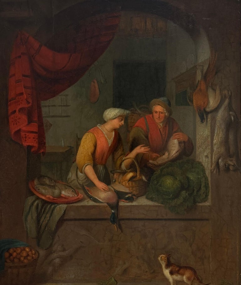 Fine 1700's Dutch Old Master Oil on Panel Painting Kitchen Interior Fish Seller - Image 2