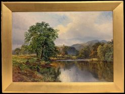 19th Century Oil, River Landscape with Bolton Abbey Reflected in Still Waters