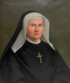 Antique French Portrait of a Nun Wearing a Crucifix Oil Painting dated 1885