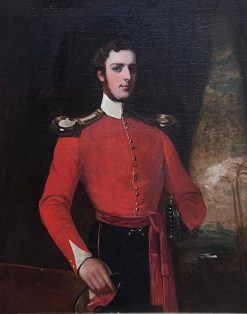 1850's Portrait of British Officer in Red Military Uniform Antique Oil Painting