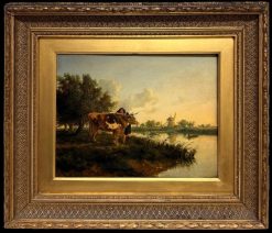 Fine British Victorian Landscape Cattle & Girl by Pond Sunset Golden Landscape