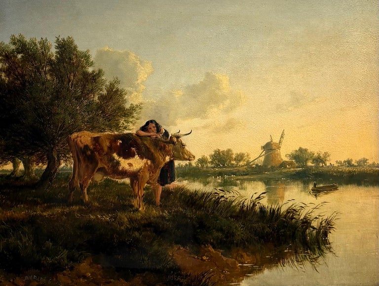 Fine British Victorian Landscape Cattle & Girl by Pond Sunset Golden Landscape - Image 2