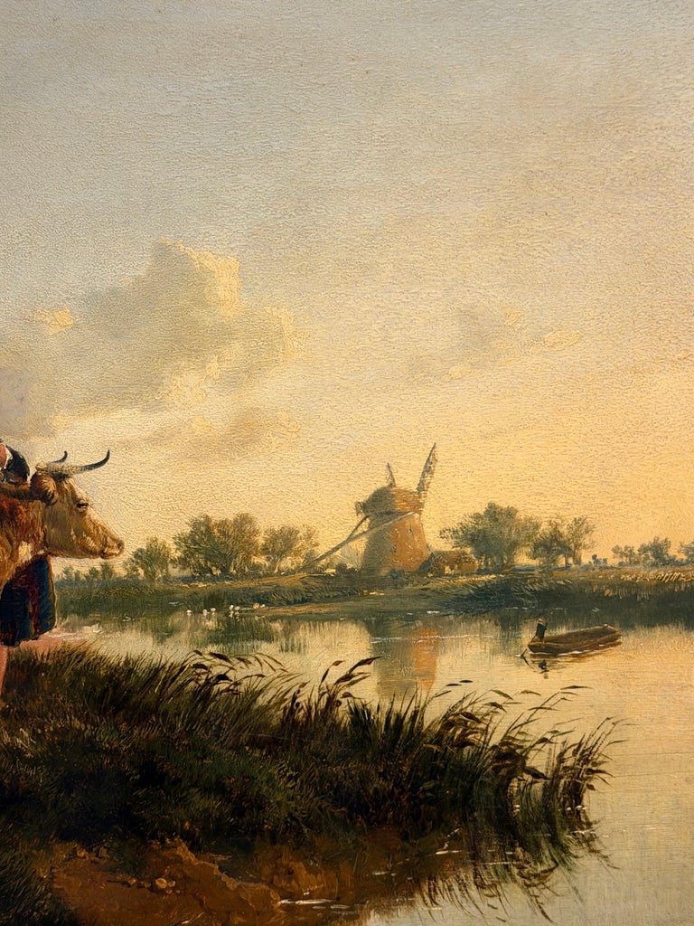 Fine British Victorian Landscape Cattle & Girl by Pond Sunset Golden Landscape - Image 3