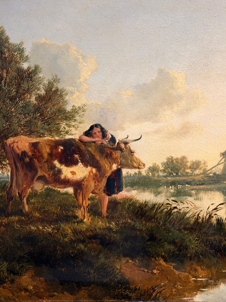 Fine British Victorian Landscape Cattle & Girl by Pond Sunset Golden Landscape - Image 4