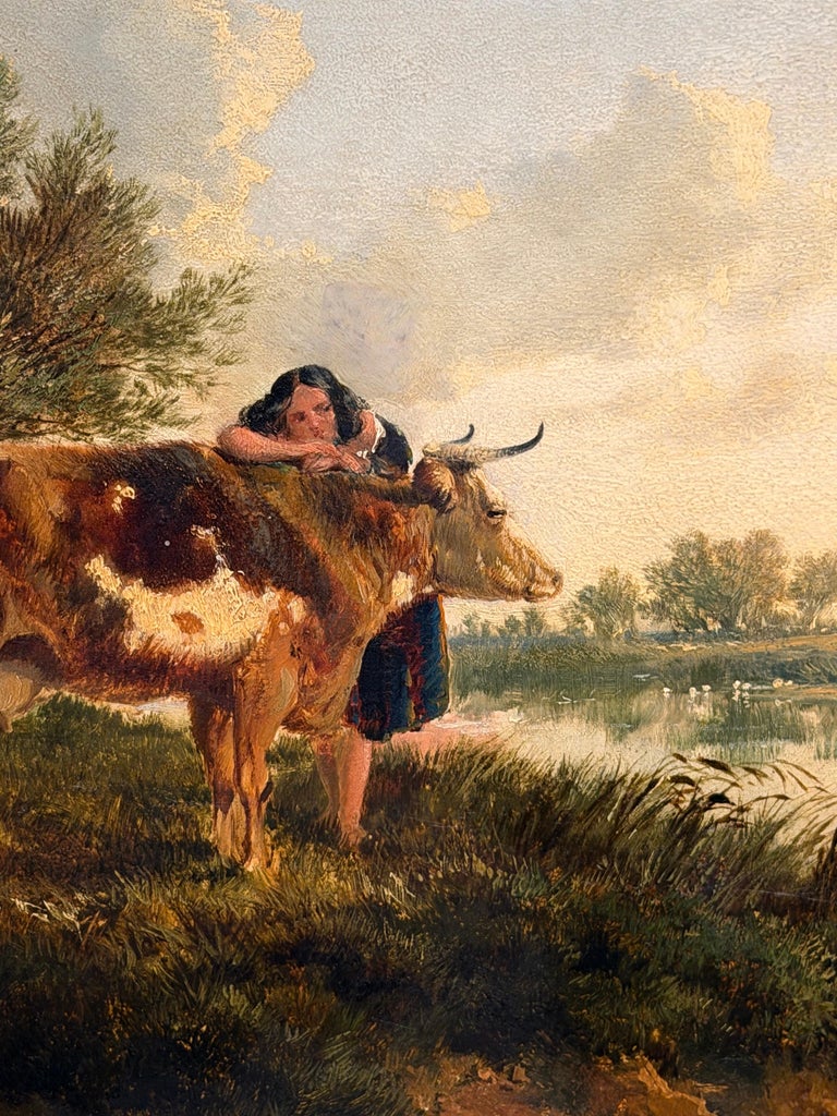 Fine British Victorian Landscape Cattle & Girl by Pond Sunset Golden Landscape - Image 5