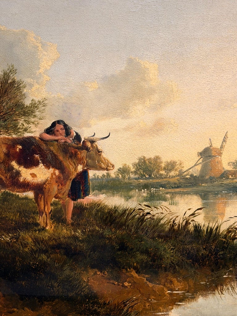 Fine British Victorian Landscape Cattle & Girl by Pond Sunset Golden Landscape - Image 7