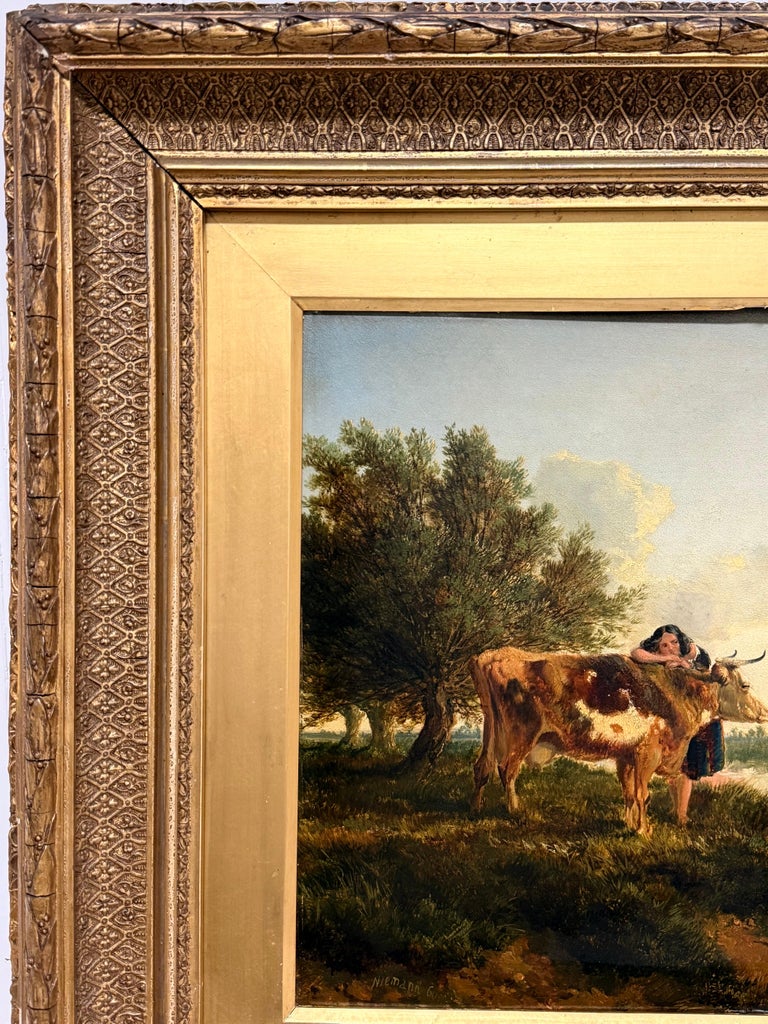 Fine British Victorian Landscape Cattle & Girl by Pond Sunset Golden Landscape - Image 10