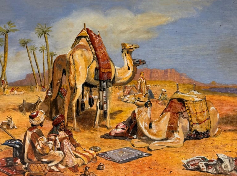 Arabs and Camels in a Blue Sky Cloudy Desert Orientalist Oil Painting - Image 2