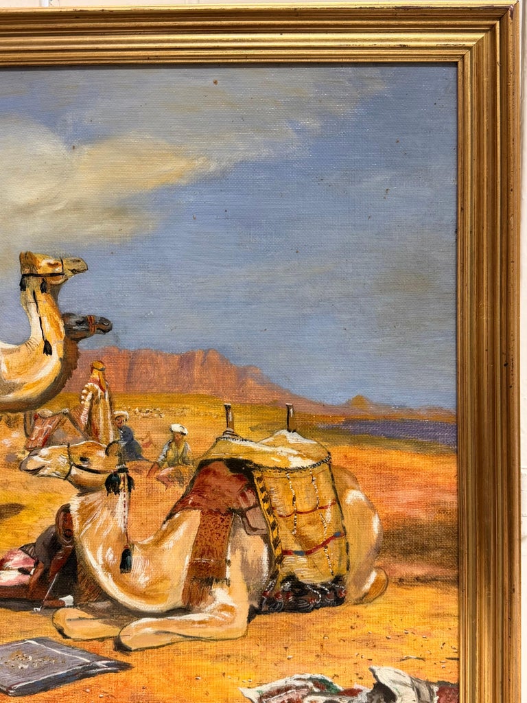 Arabs and Camels in a Blue Sky Cloudy Desert Orientalist Oil Painting - Image 3