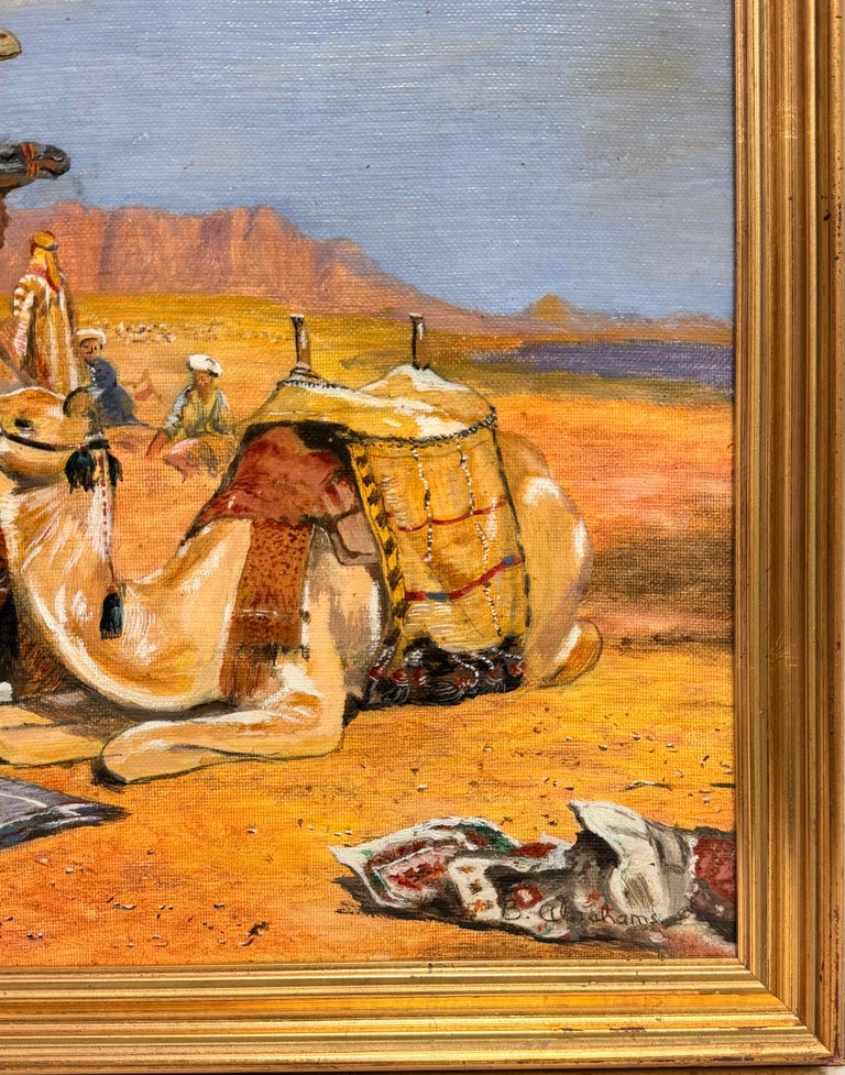 Arabs and Camels in a Blue Sky Cloudy Desert Orientalist Oil Painting - Image 4