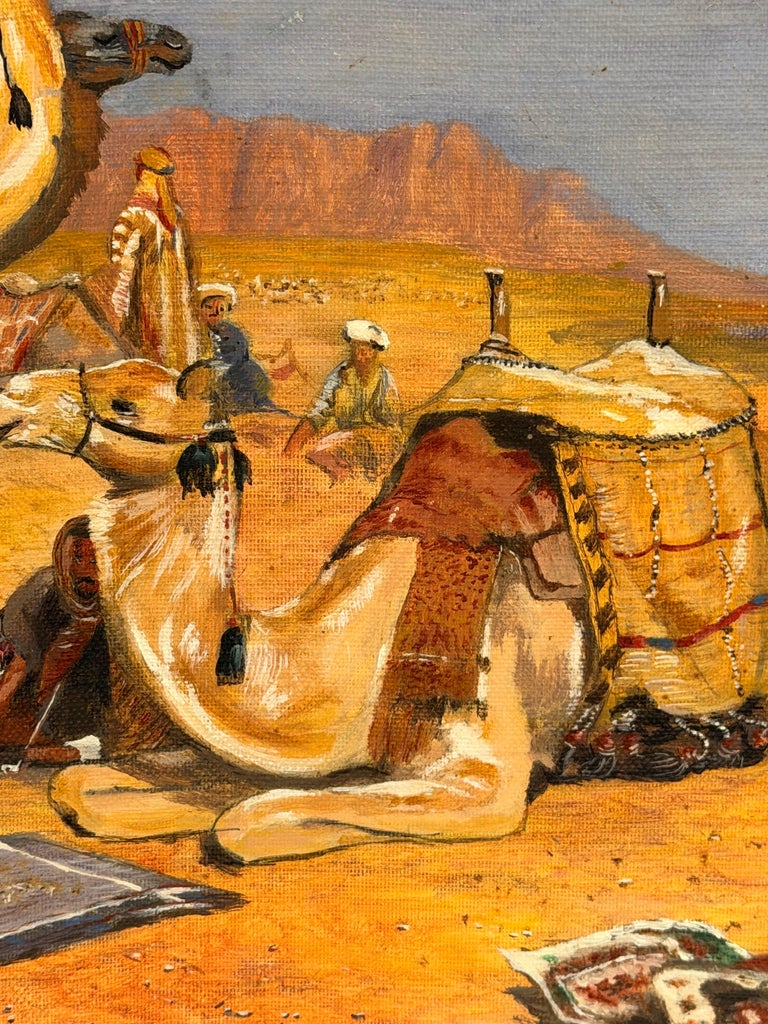 Arabs and Camels in a Blue Sky Cloudy Desert Orientalist Oil Painting - Image 6