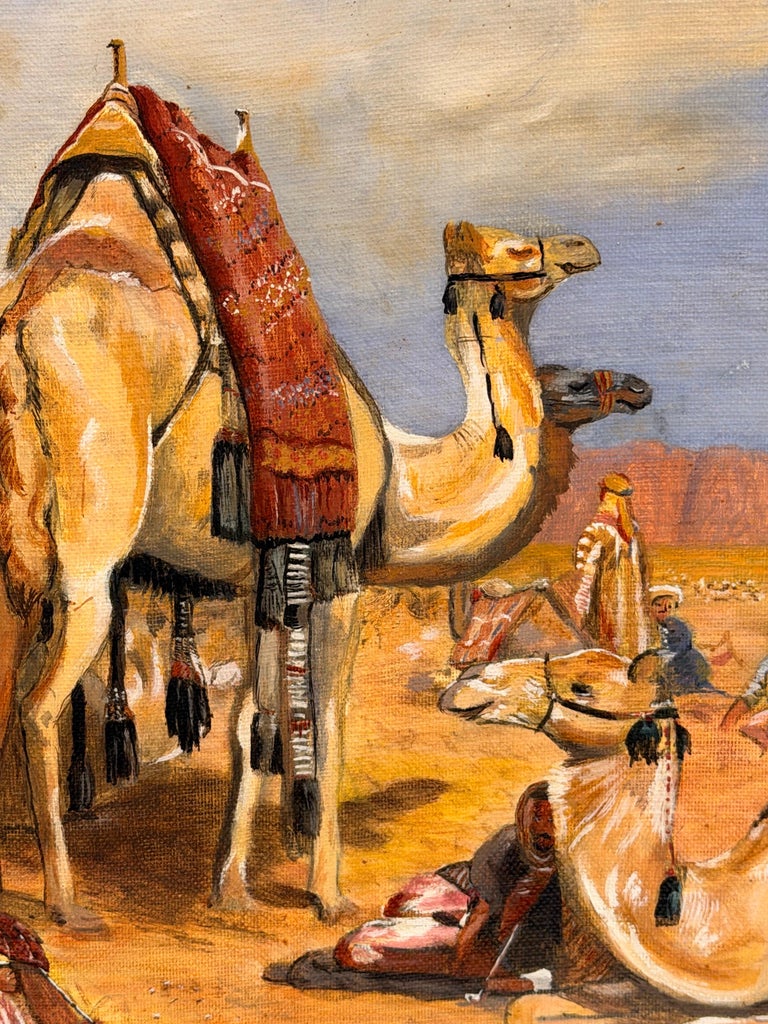Arabs and Camels in a Blue Sky Cloudy Desert Orientalist Oil Painting - Image 7