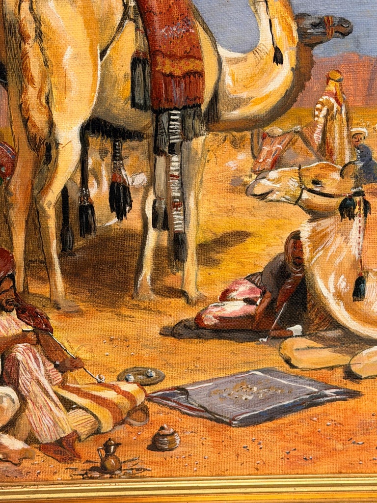 Arabs and Camels in a Blue Sky Cloudy Desert Orientalist Oil Painting - Image 8