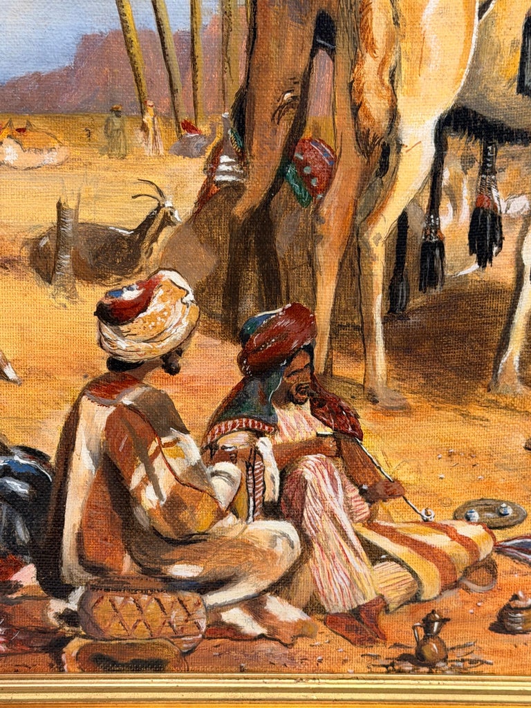 Arabs and Camels in a Blue Sky Cloudy Desert Orientalist Oil Painting - Image 9